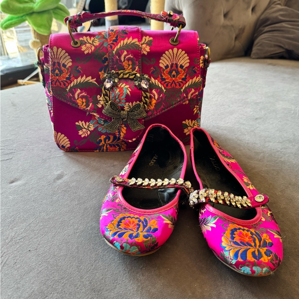 Aldo Pink Flats with Embellished Strap and Matching Bag